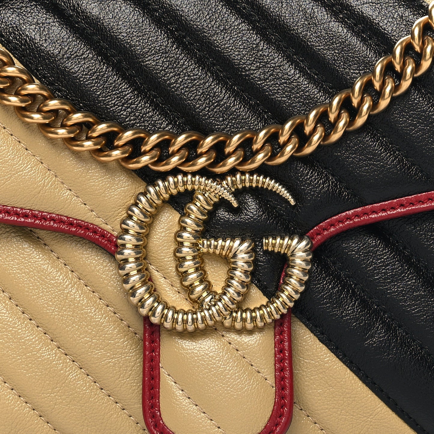 Vintage Effect Calfskin Matelasse Diagonal Striped Small Torchon GG Marmont Shoulder Bag Black Beige
