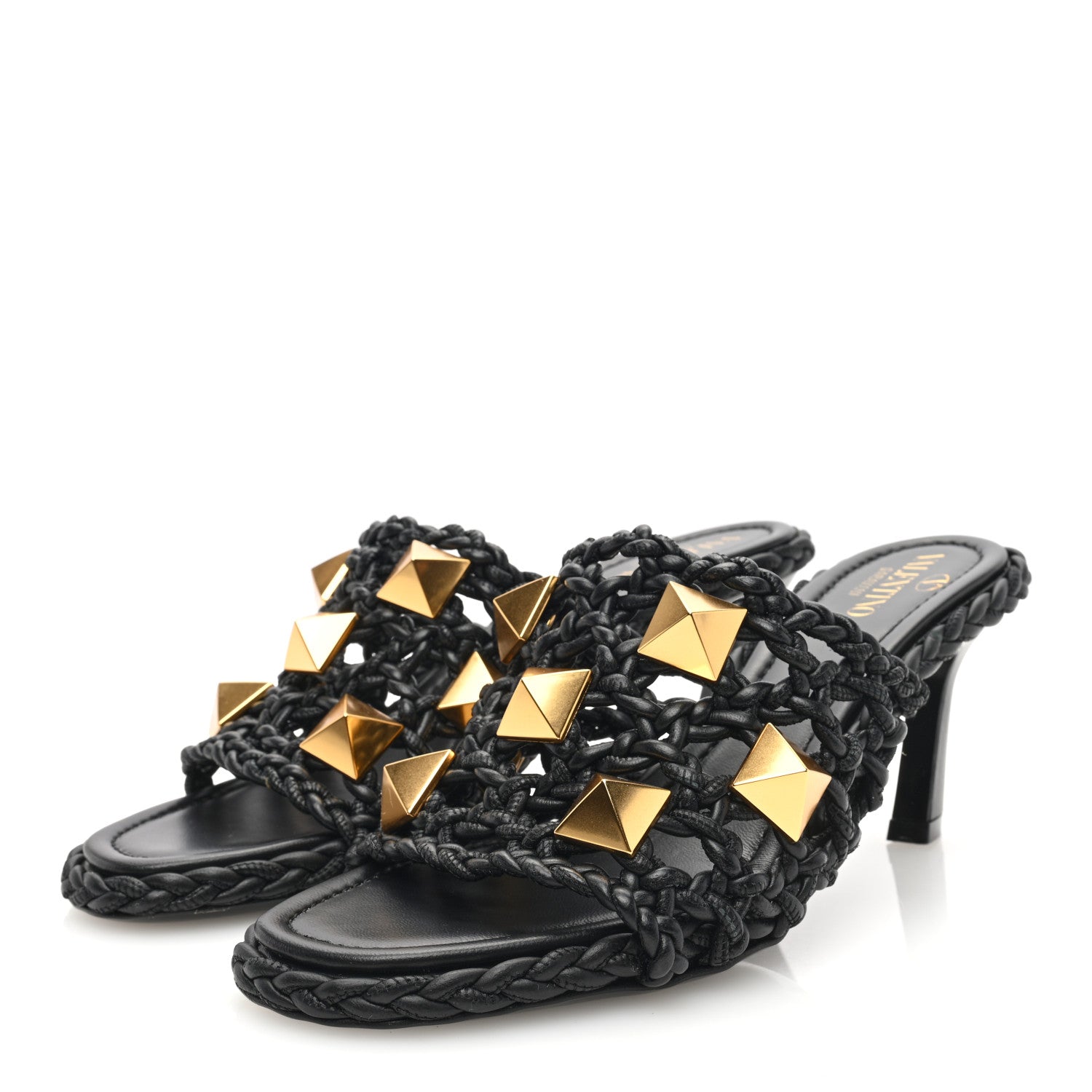 Valentino Garavani Nappa Woven Roman Stud 65mm Mule Sandals 37 Black 3 of 7
