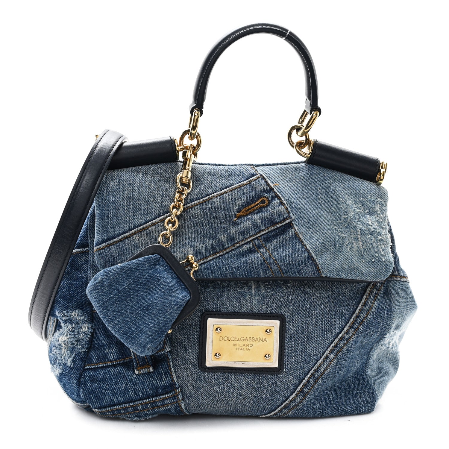 Dolce & Gabbana Calfskin Denim Patchwork Mini Miss Sicily Satchel Blue 1 of 10