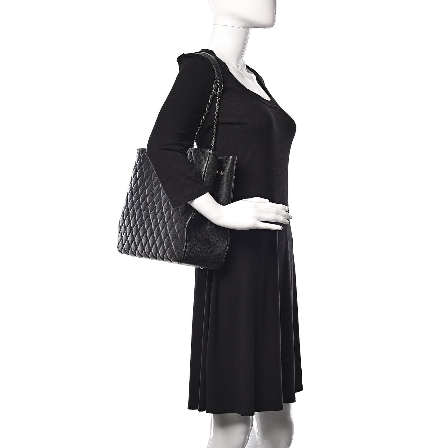 Caviar Quilted Large Classic Shopping Tote Black
