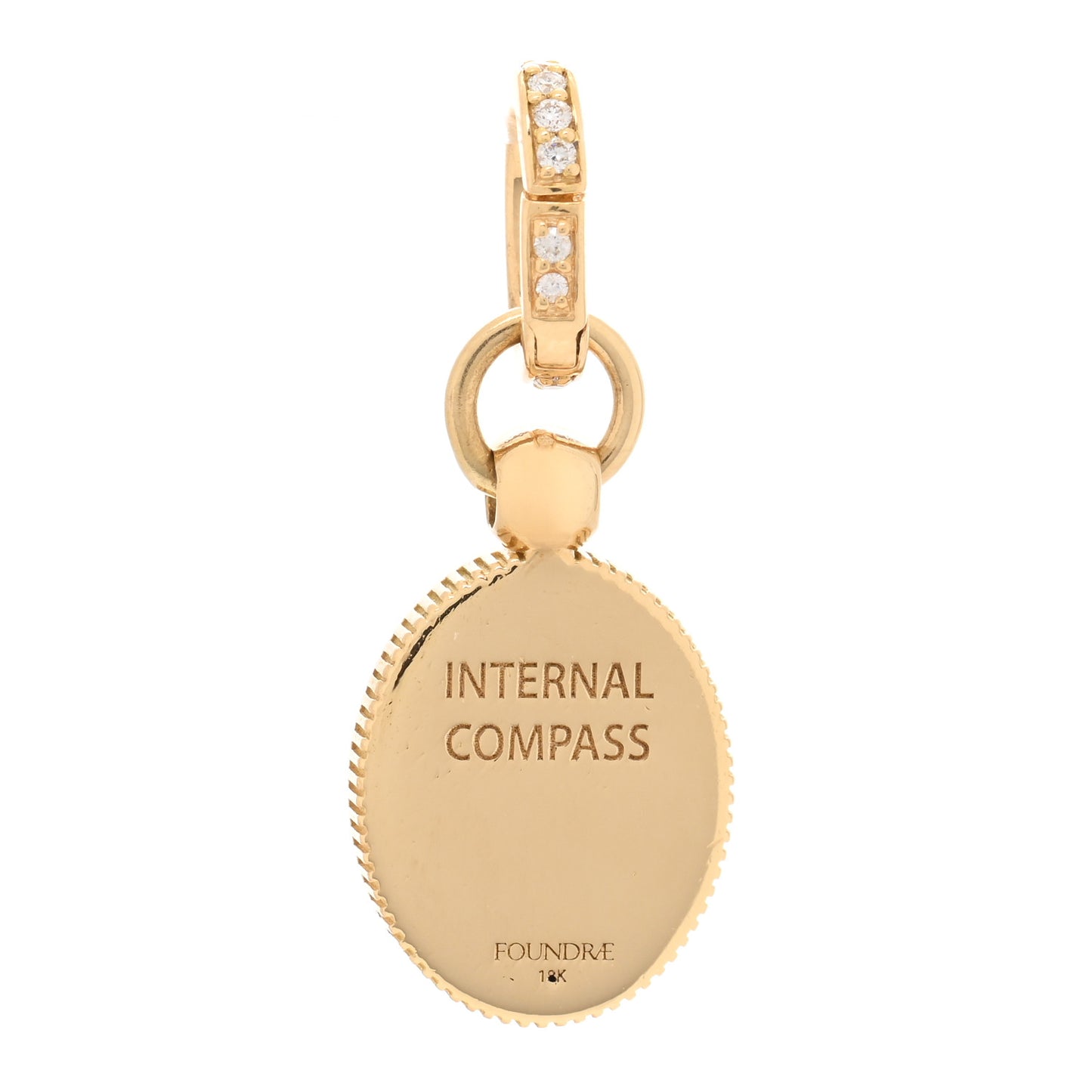 18K Yellow Gold Diamond Internal Compass Miniature Crest Pave Oval Push Gate Charm