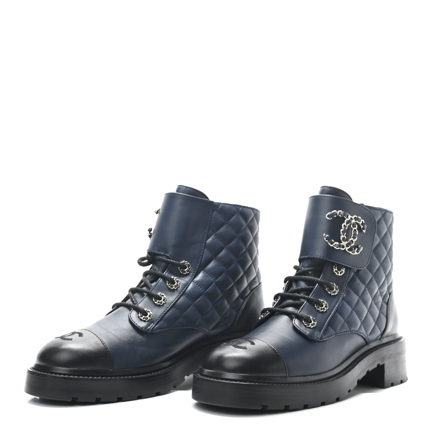 Lambskin Calfskin Quilted Lace Up Combat Boots 39 Navy Black