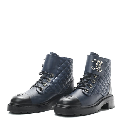Chanel Lambskin Calfskin Quilted Lace Up Combat Boots 39 Navy Black 3 of 7