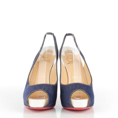 Christian Louboutin Denim Lady Peep Sling 120 Pumps 37.5 Blue White 2 of 8