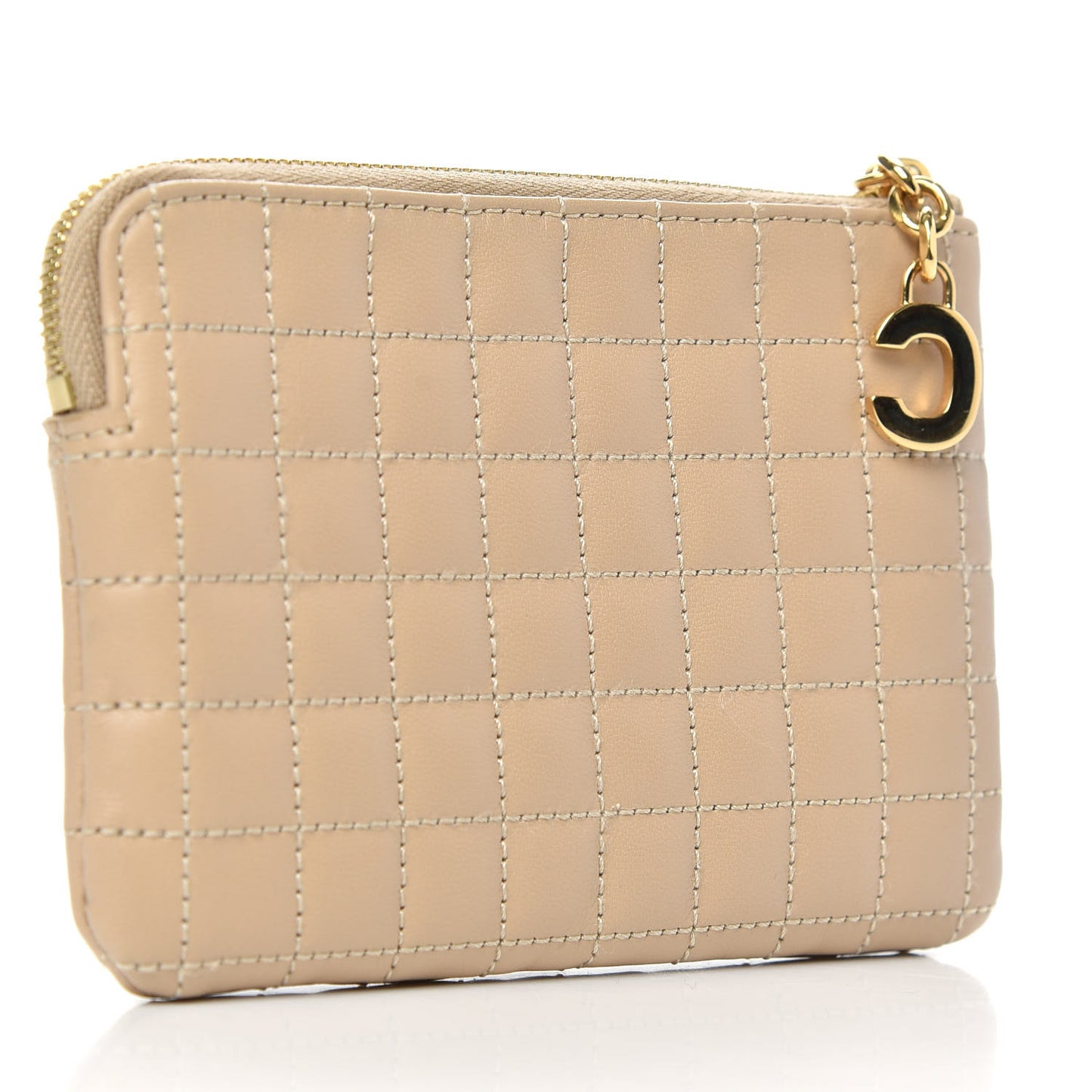Calfskin Quilted C Charm Coin Card Pouch Nude