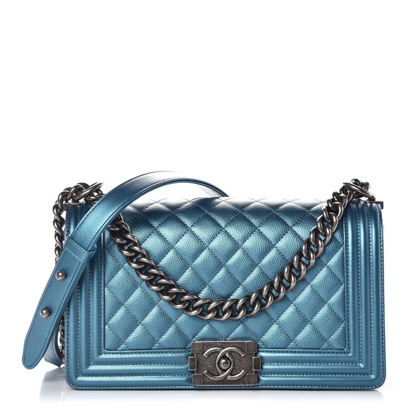 Metallic Caviar Quilted Medium Boy Flap Turquoise