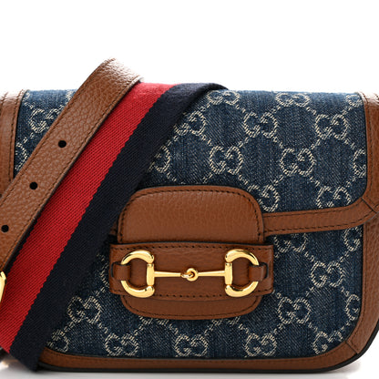 Gucci New Denim GG Monogram Dollar Calfskin Web Mini Horsebit 1955 Shoulder Bag Blue Tea Cuir Epilog 8 of 13