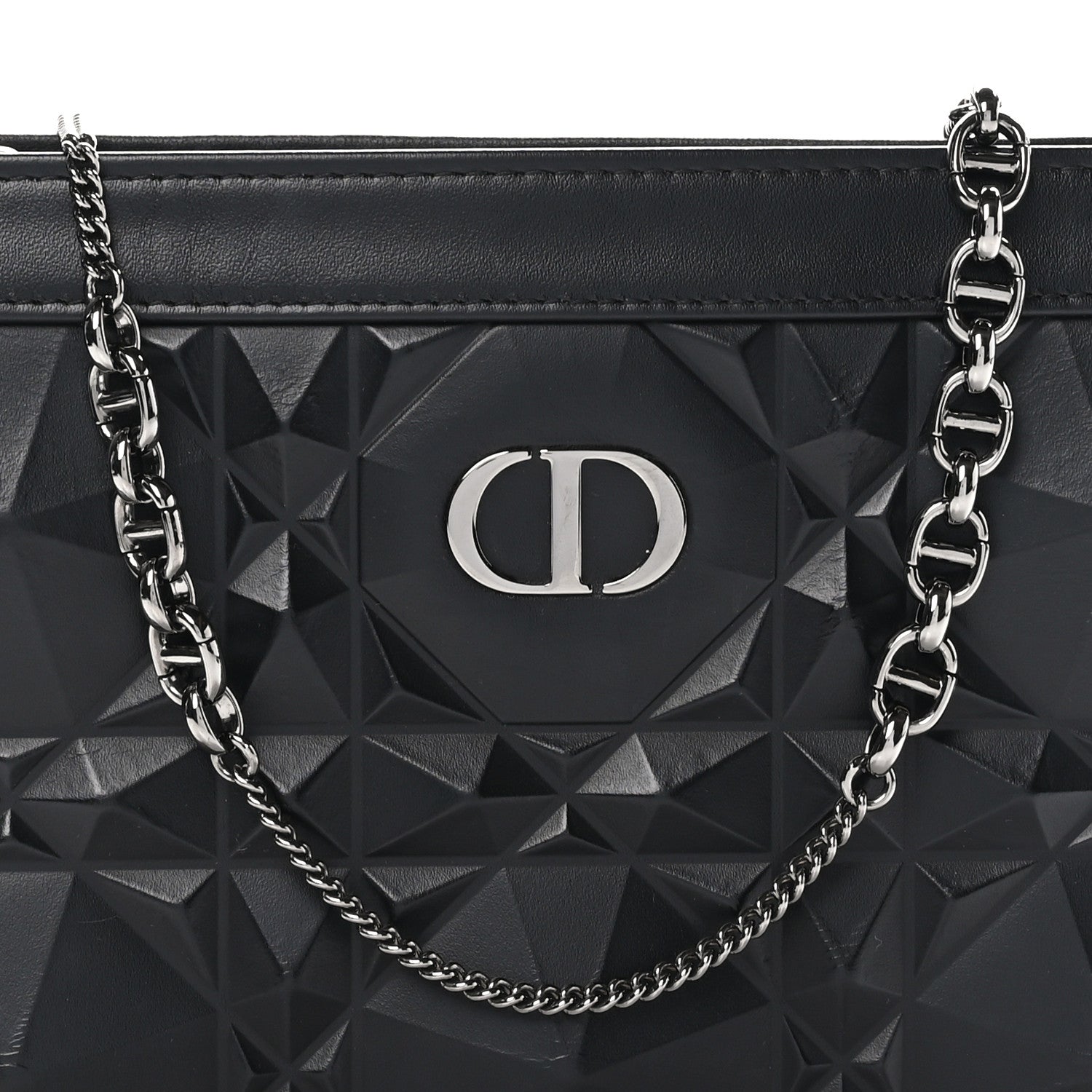 Christian Dior Calfskin Macrocannage Diamond Caro Zipped Pouch With Chain Black 9 of 12