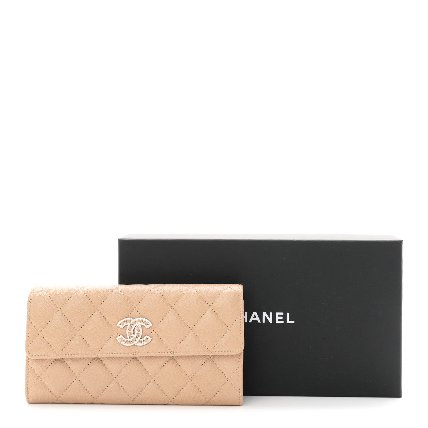 Chanel Caviar Quilted Crystal CC Large Gusset Flap Wallet Beige 9 of 9
