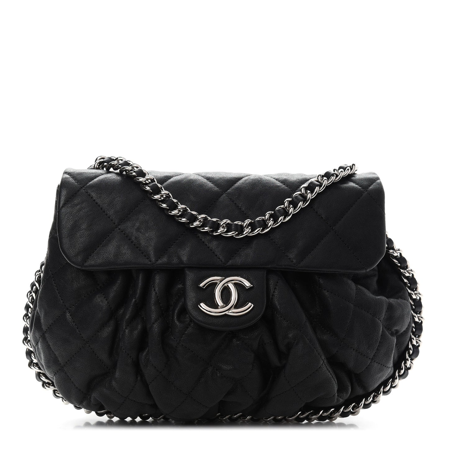 Washed Lambskin Quilted Medium Chain Around Messenger Black