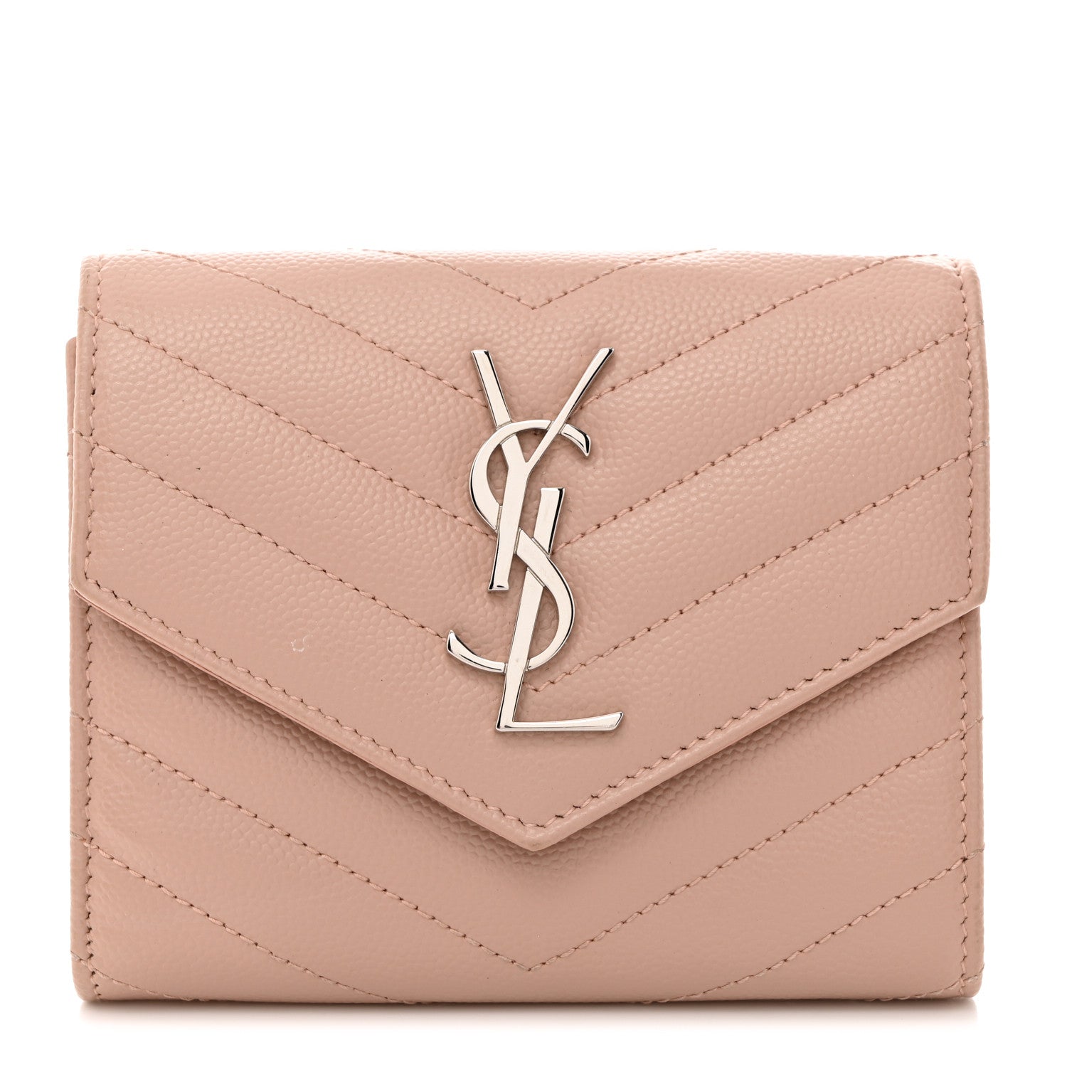 Saint Laurent Grain De Poudre Matelasse Chevron Monogram Compact Tri Fold Wallet Pale Pink 1 of 7