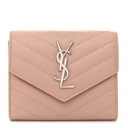 Saint Laurent Grain De Poudre Matelasse Chevron Monogram Compact Tri Fold Wallet Pale Pink 1 of 7