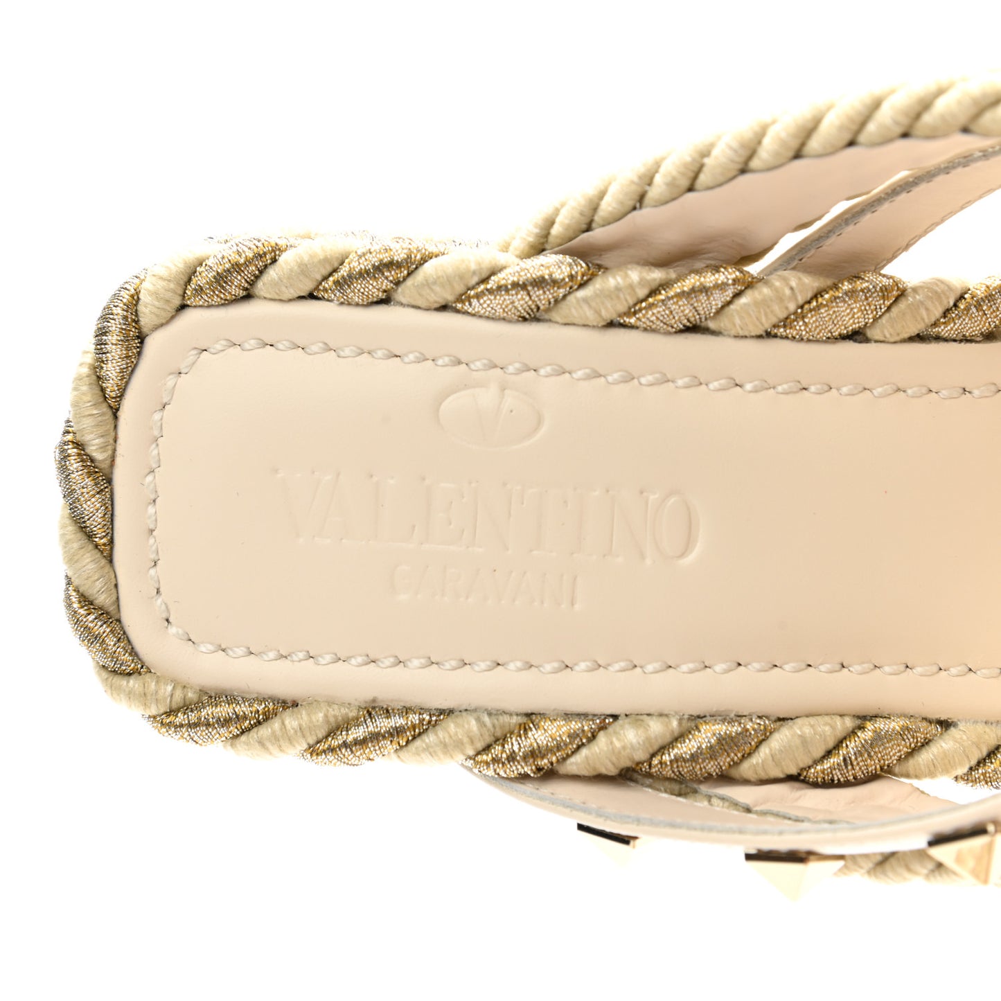 Calfskin Silk Rockstud Torchon Espadrille Wedge 25/95mm Slide Sandals 36 Light Ivory