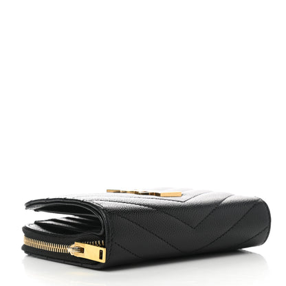 Saint Laurent Grain De Poudre Matelasse Chevron Monogram Compact Zip Around Wallet Black 4 of 8