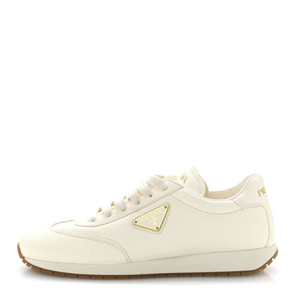 Prada Calfskin Metal Triangle Logo Womens Sneakers 38.5 Neutral 1 of 7