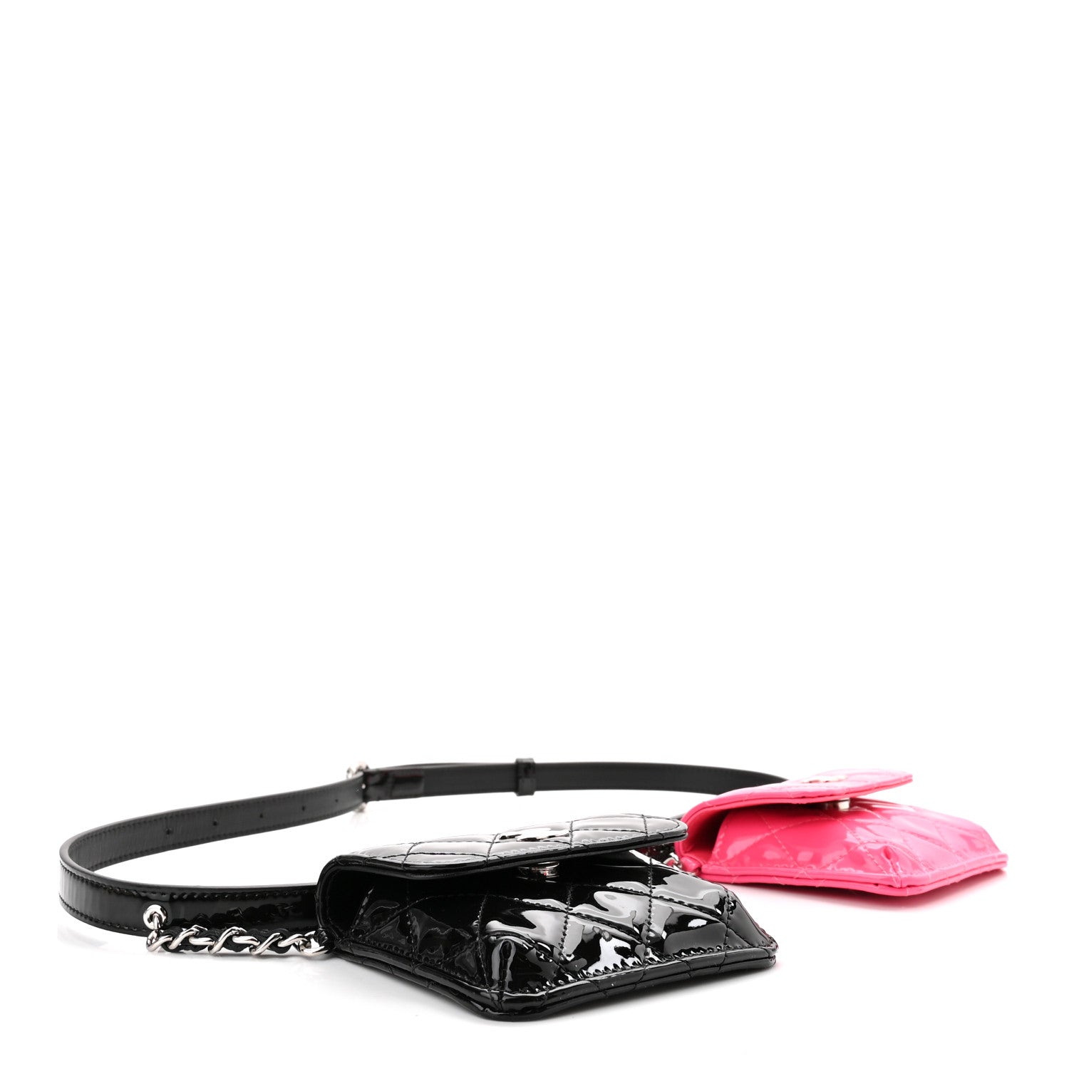 Chanel Patent Quilted Belt In Love Double Mini Flap Waist Bag Black Pink 4 of 13