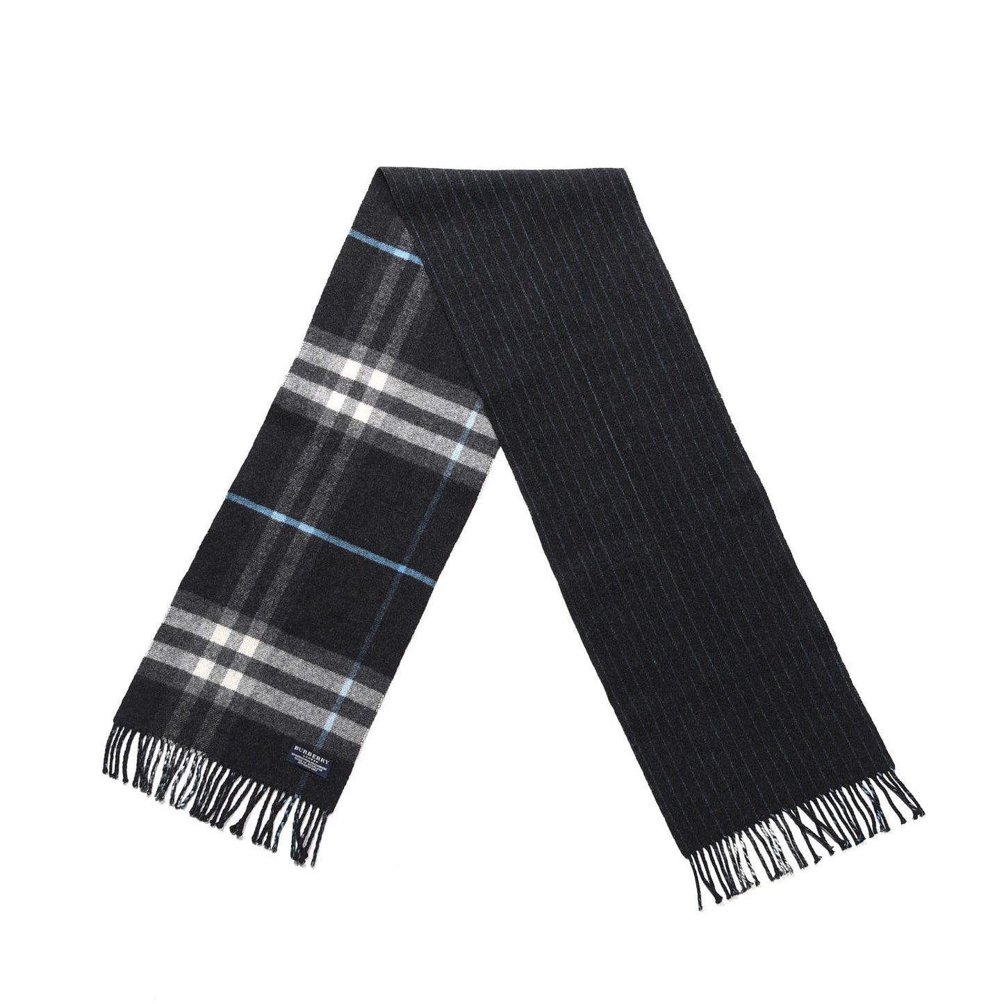 Wool Cashmere House Check Striped Fringe Scarf Grey