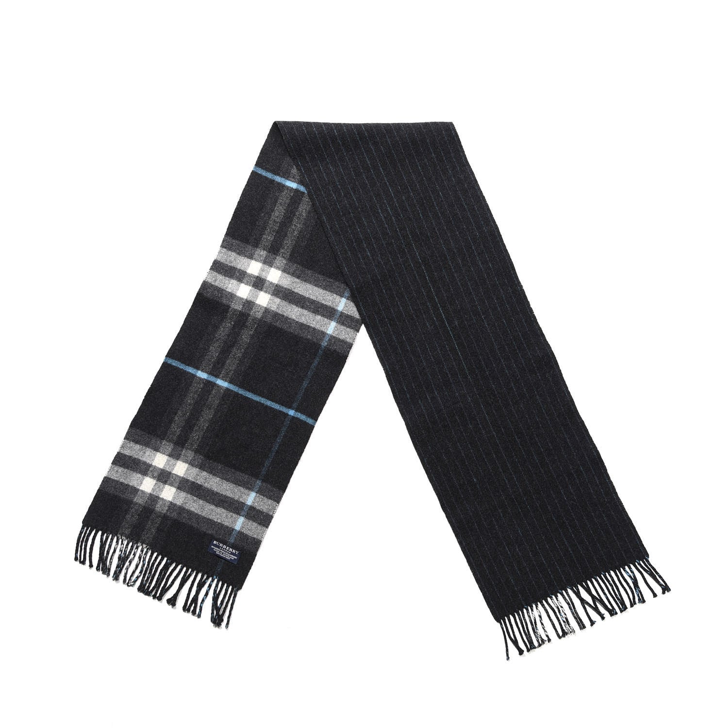 Burberry Wool Cashmere House Check Striped Fringe Scarf Grey 2 of 3