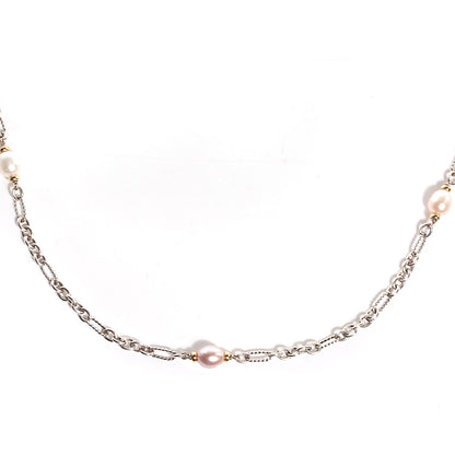 David Yurman Sterling Silver 18K Gold Pearl Figaro Chain Necklace 1 of 5