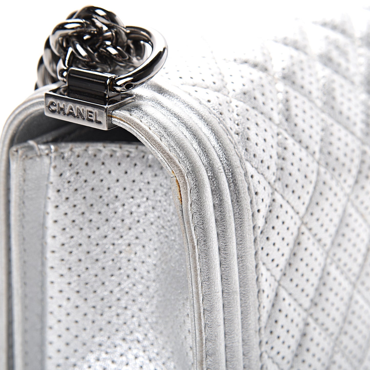 Metallic Perforated Lambskin Quilted Medium Boy Flap Argent