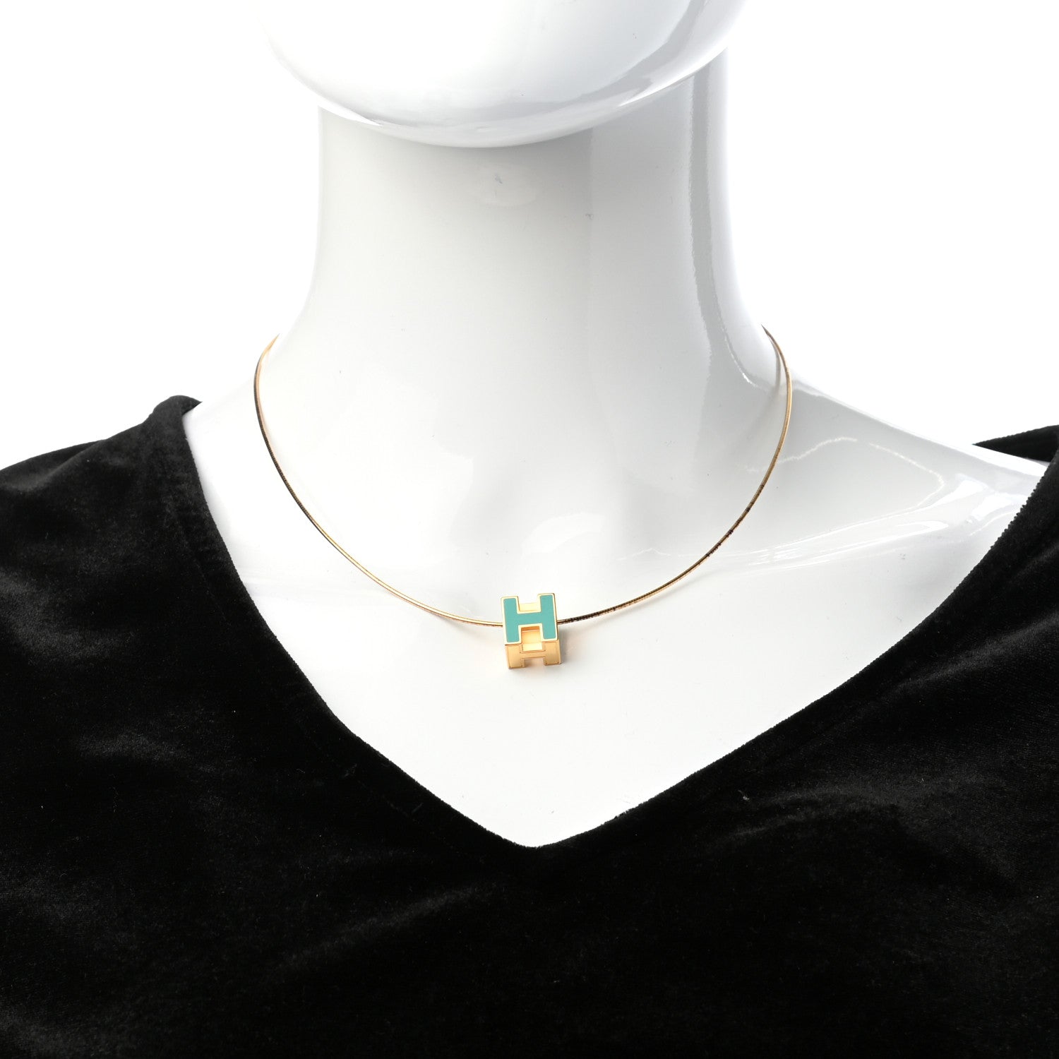 Hermes Gold Lacquered Cage d'H Pendant Necklace Turquoise 2 of 6