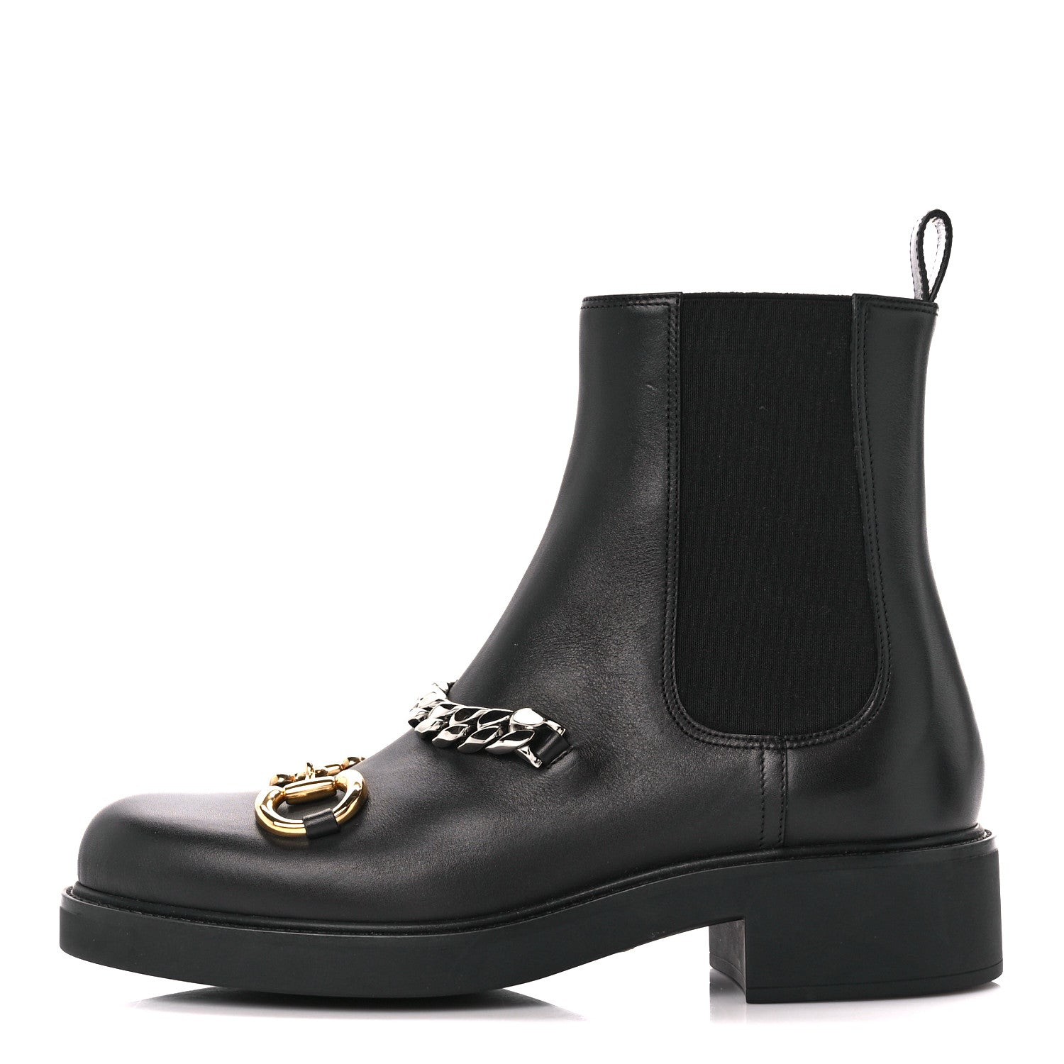 Gucci Flores Calfskin Horsebit Chain Ankle Boots 40 Black 1 of 9