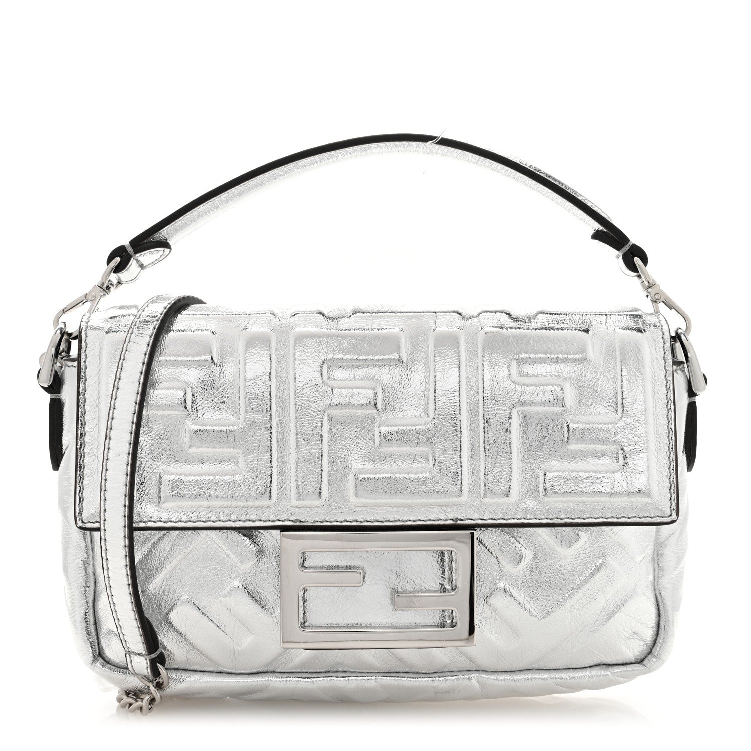 Fendi Vitello Catalan Mirror FF 1974 Embossed Mini Baguette Argento 1 of 9
