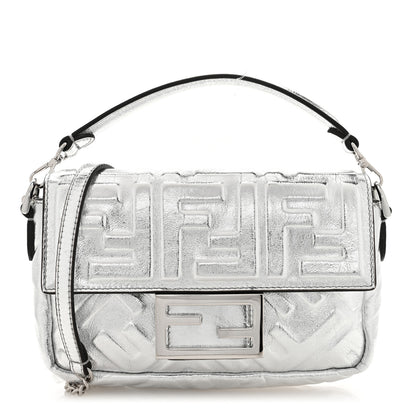 Fendi Vitello Catalan Mirror FF 1974 Embossed Mini Baguette Argento 1 of 9