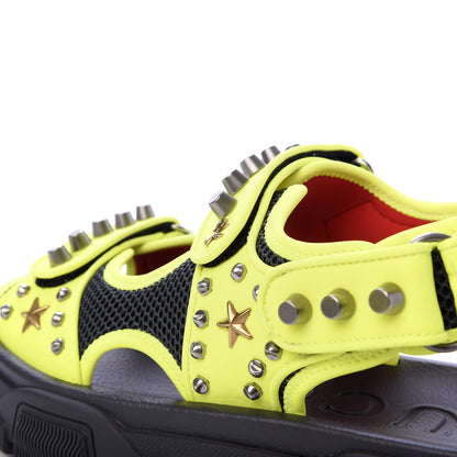Gucci Technical Canvas Calfskin Studded Mens Aguru Sandals 8 Neon Yellow 9 of 10