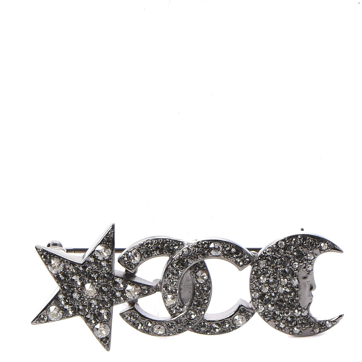 Ruthenium Crystal CC Moon Star Brooch Grey