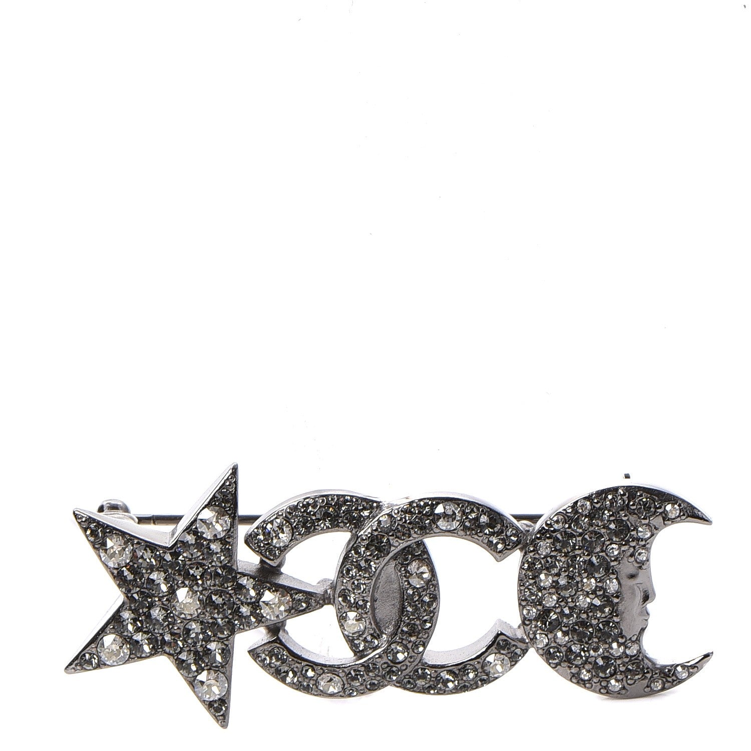 Chanel Ruthenium Crystal CC Moon Star Brooch Grey 1 of 5