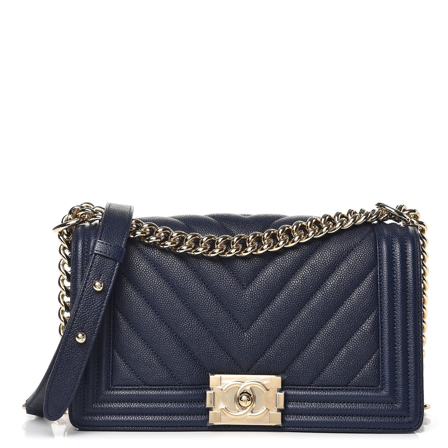 Caviar Chevron Quilted Medium Boy Flap Navy