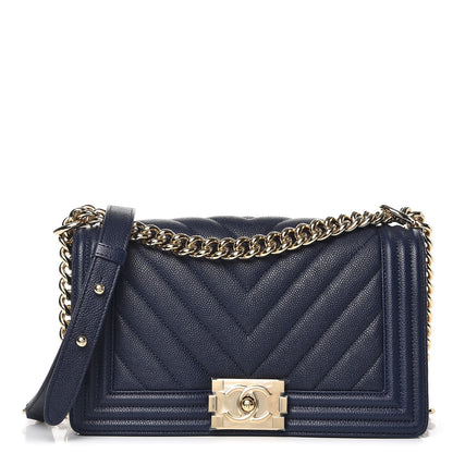 Chanel Caviar Chevron Quilted Medium Boy Flap Navy 1 of 9