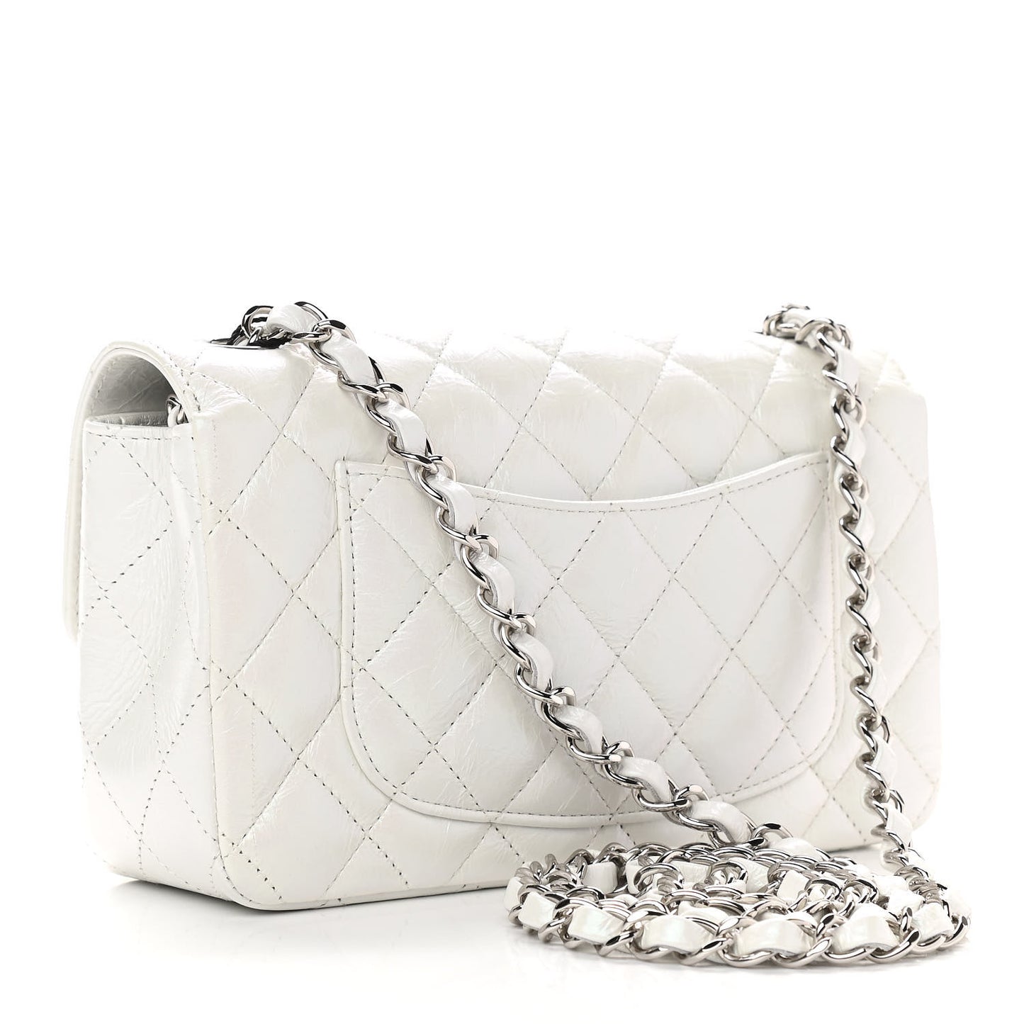 Iridescent Calfskin Quilted Mini Rectangular Flap White
