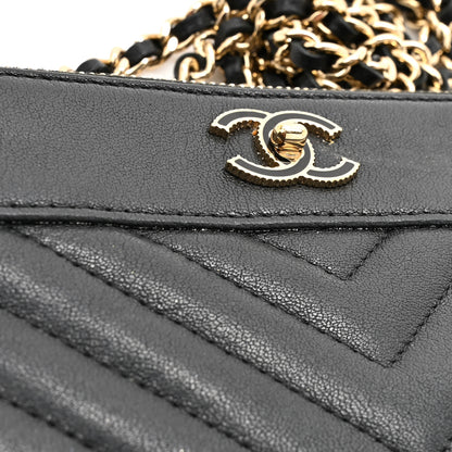 Chanel Metallic Sheepskin Chevron Quilted Small Vintage Mademoiselle Clutch With Chain Black 13 of 16