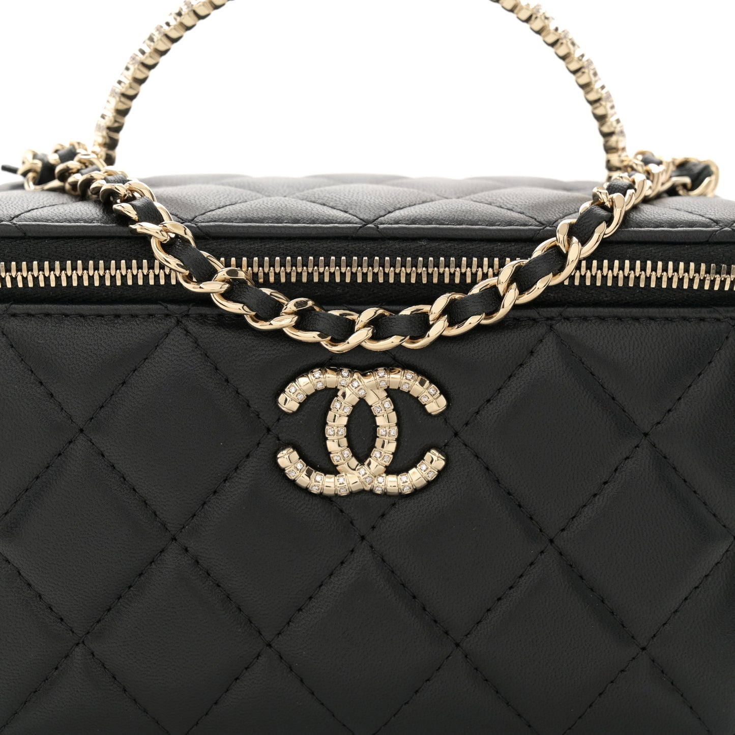 Lambskin Quilted Small Crystal Top Handle Vanity Case With Chain Black