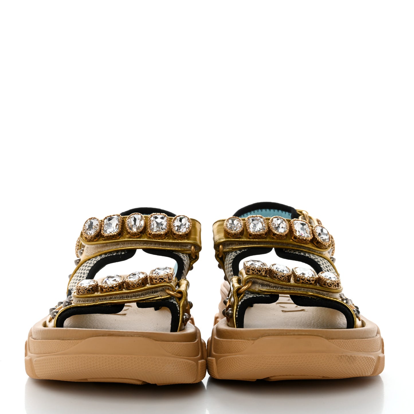Silk Calfskin Mesh Crystal Embellished Studded Womens Aguru Sandals 38 Gold