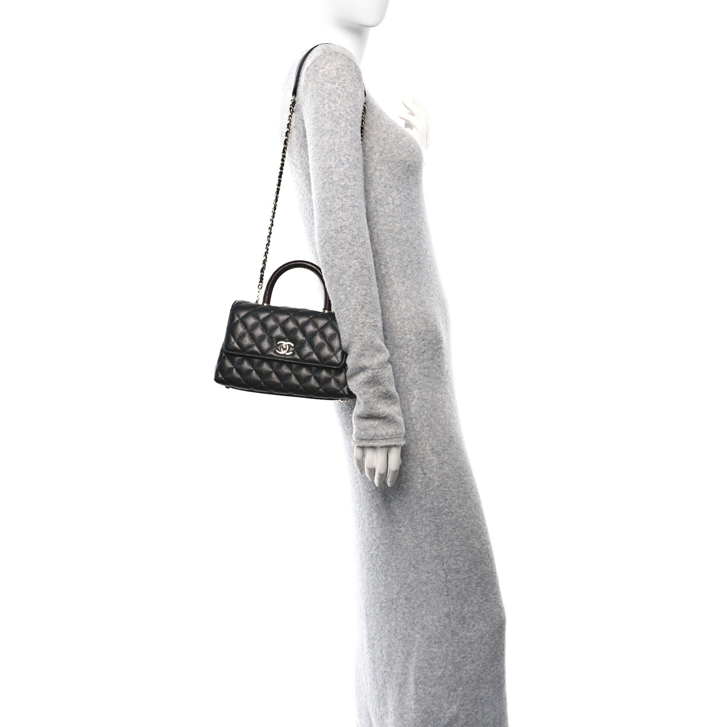 Caviar Lizard Embossed Quilted Mini Coco Handle Flap Black