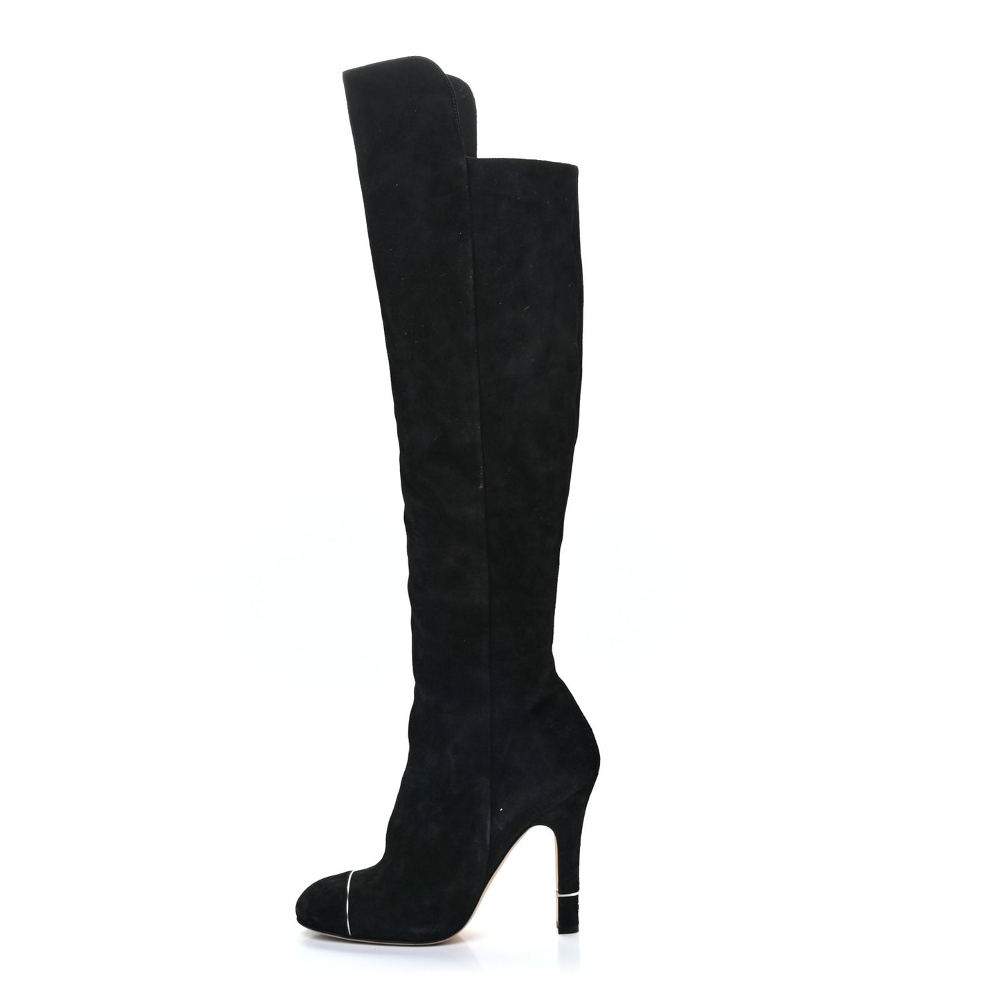 Suede Calfskin CC Cap Toe Knee High Boots 38 Black