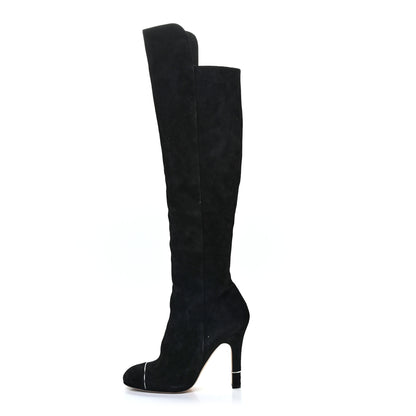 Chanel Suede Calfskin CC Cap Toe Knee High Boots 38 Black 1 of 10