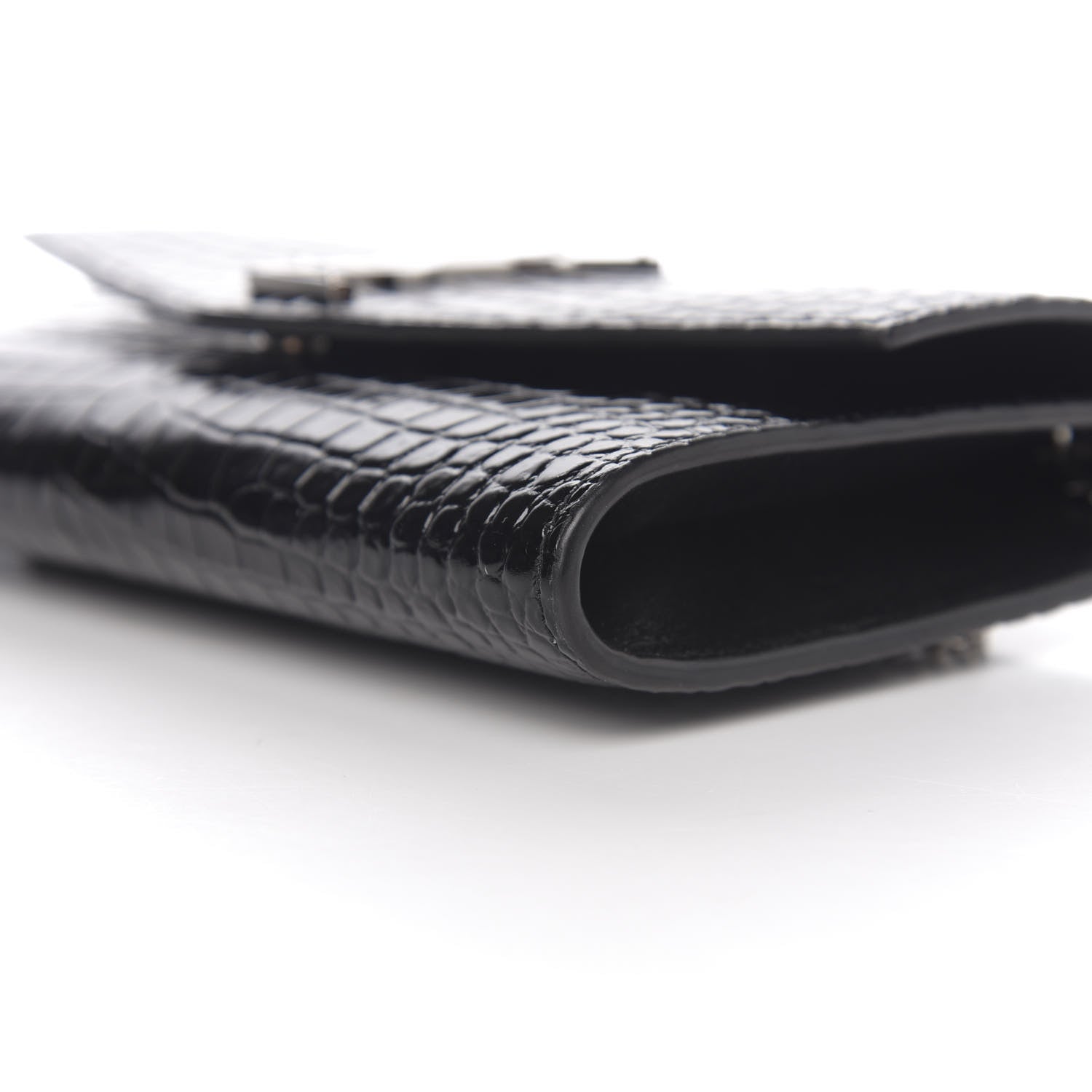 Saint Laurent Calfskin Crocodile Embossed Monogram Uptown Chain Wallet Black 8 of 9