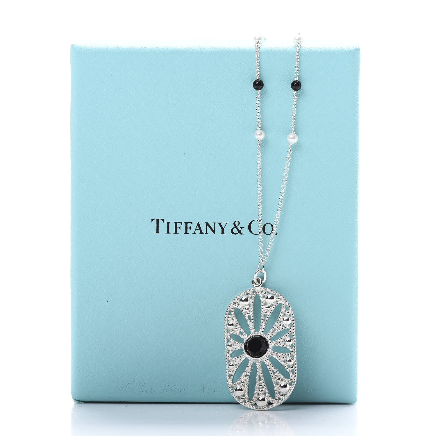 Tiffany Sterling Silver Black Onyx Pearl Ziegfeld Daisy Pendant Necklace 6 of 6