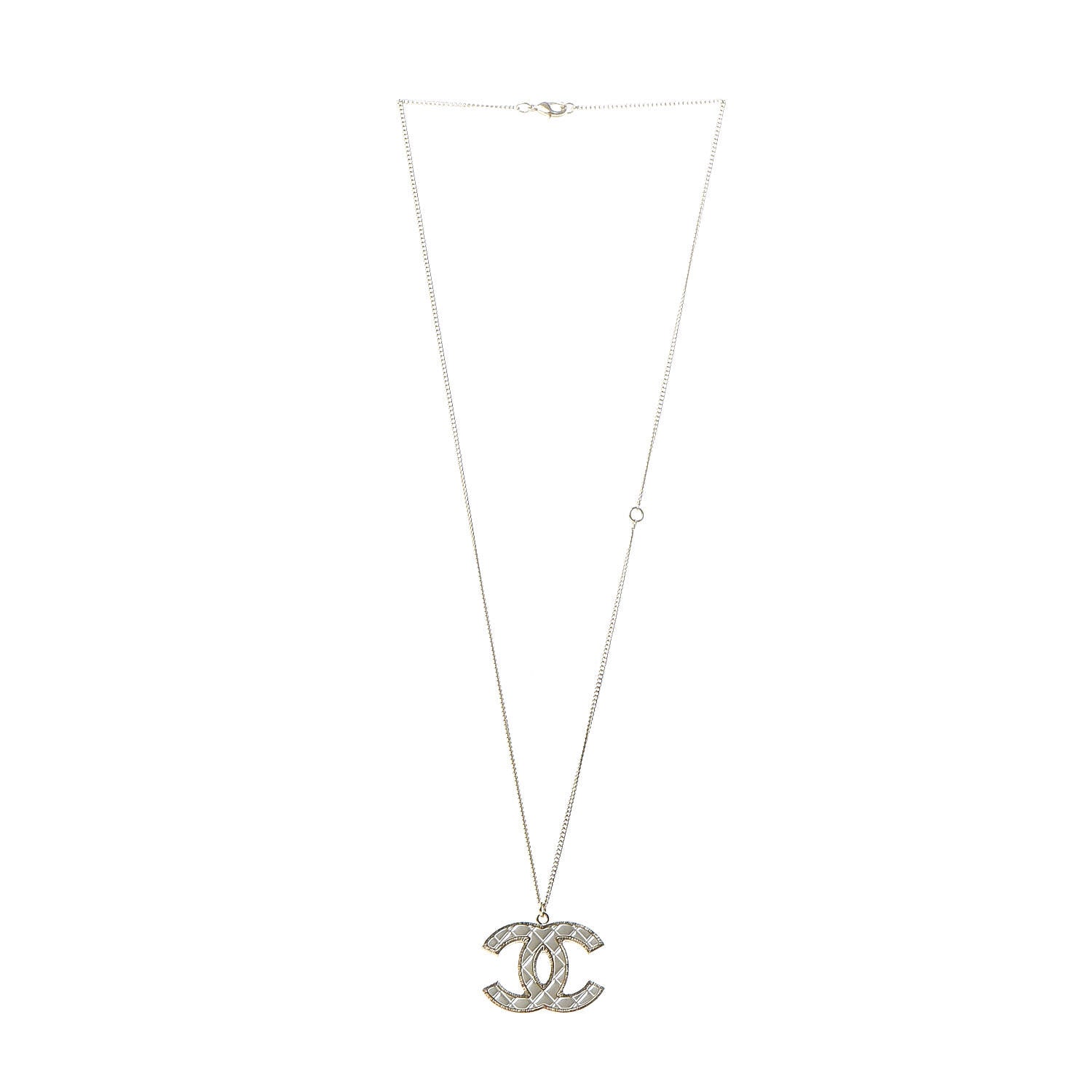 Chanel Metal Quilted CC Pendant Necklace Gold White 3 of 6