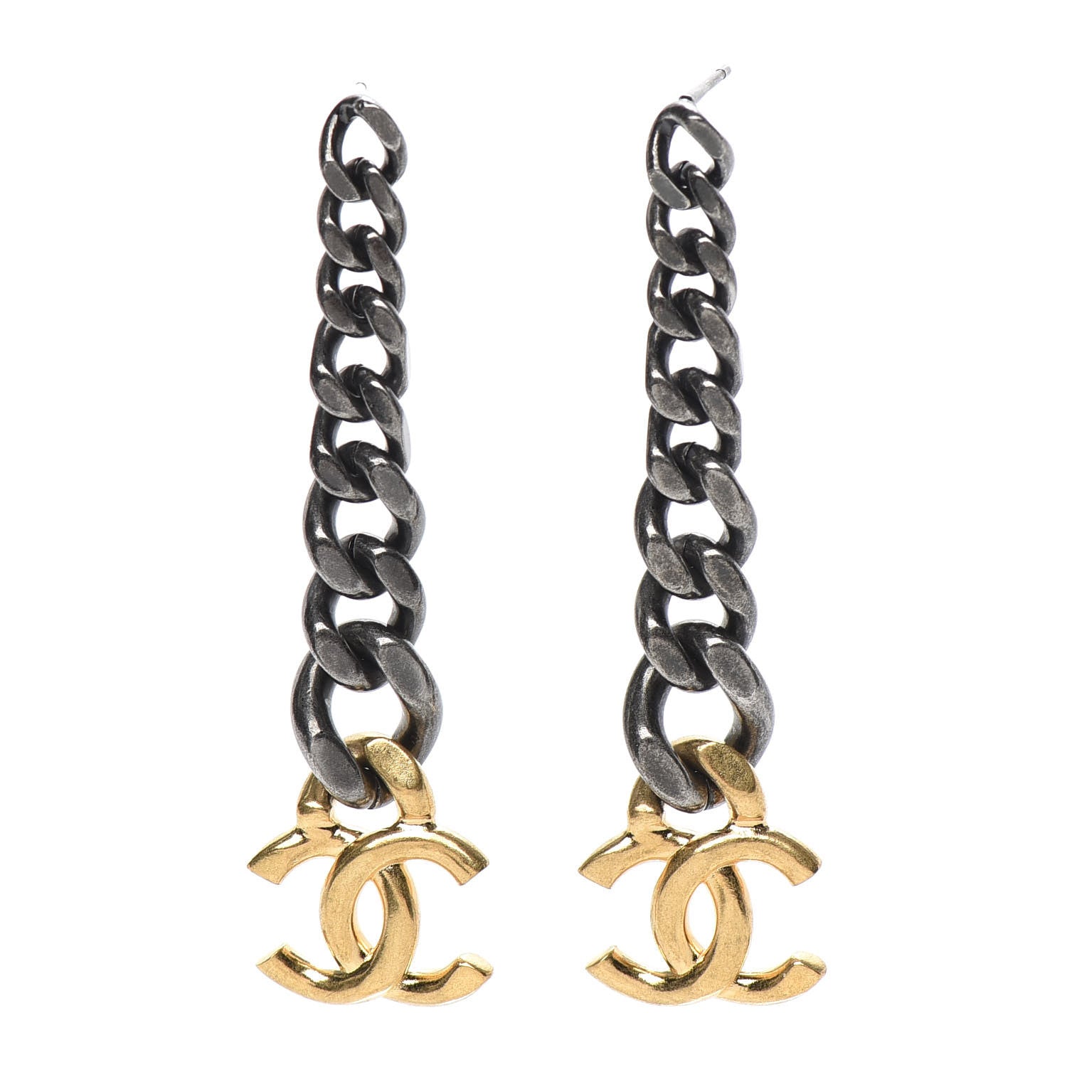 Chanel Metal CC Pick Drop Earrings Ruthenium Gold 1 of 5