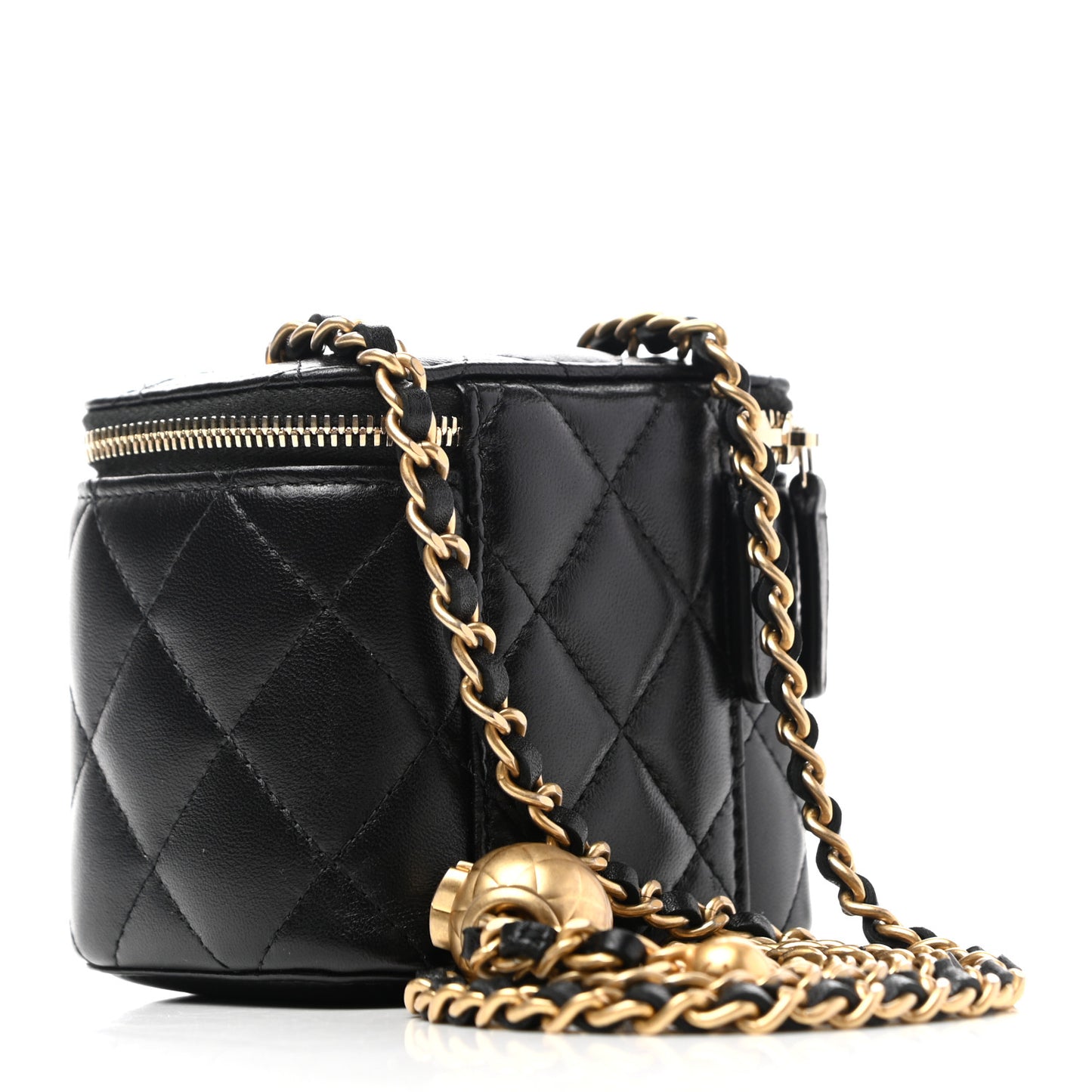 Lambskin Quilted Mini Pearl Crush Vanity Case With Chain Black
