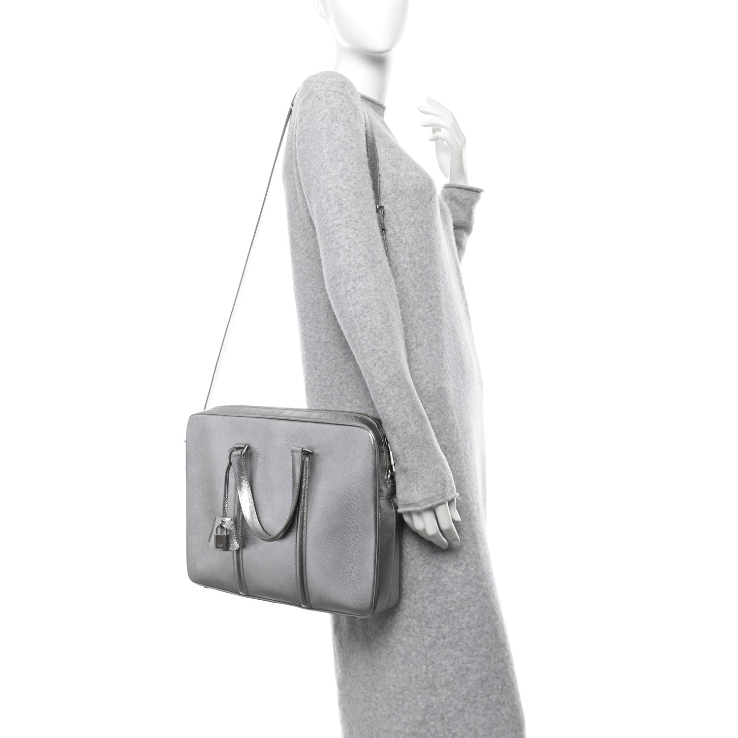 Celine Laminated Grained Calfskin Medium Briefcase Silver 2 of 13