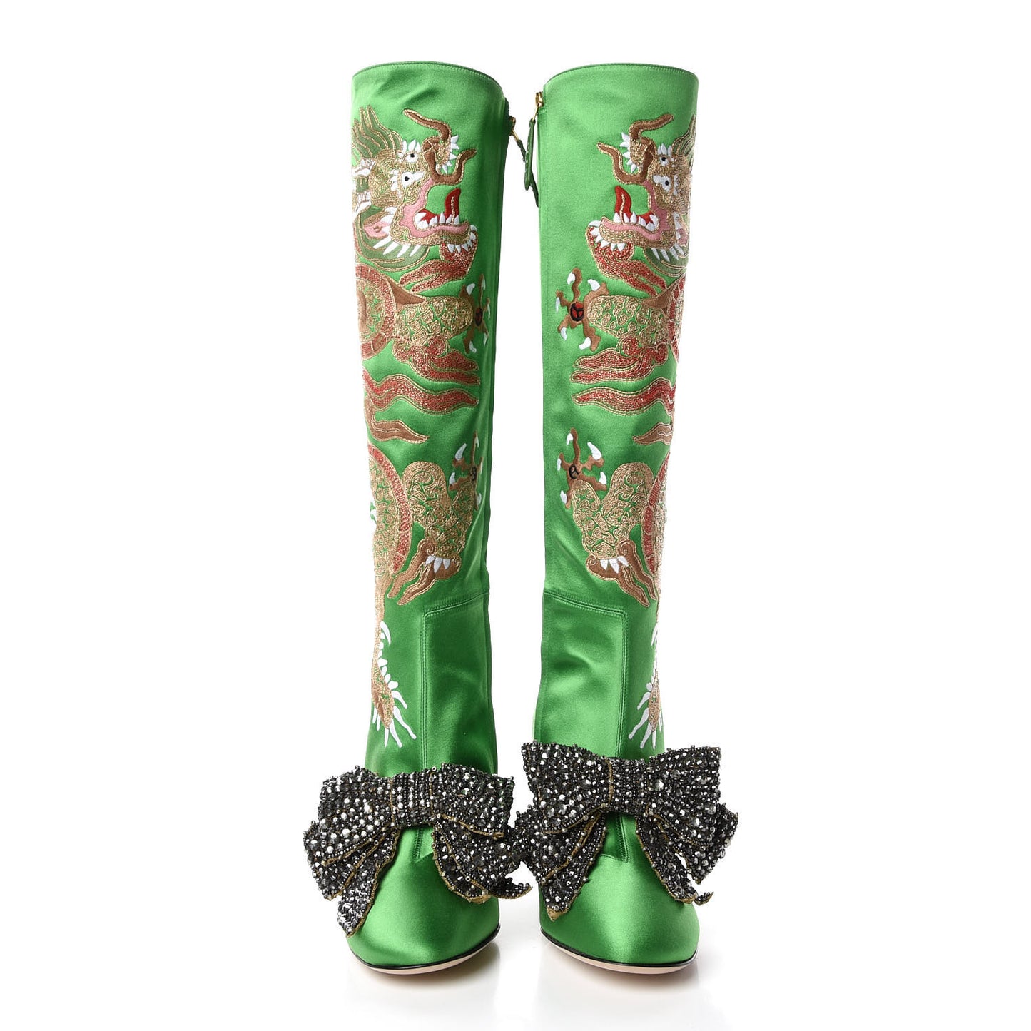 Silk Satin Malaga Kid Embroidered Candy Dragon Block-Heel Knee Boot 36 Palm
