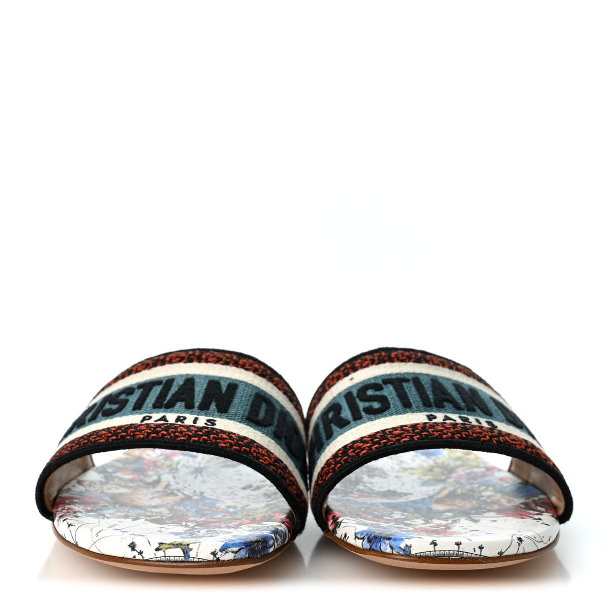 Christian Dior Canvas Embroidered Dway Flat Slide Sandals 37.5 Multicolor 2 of 9