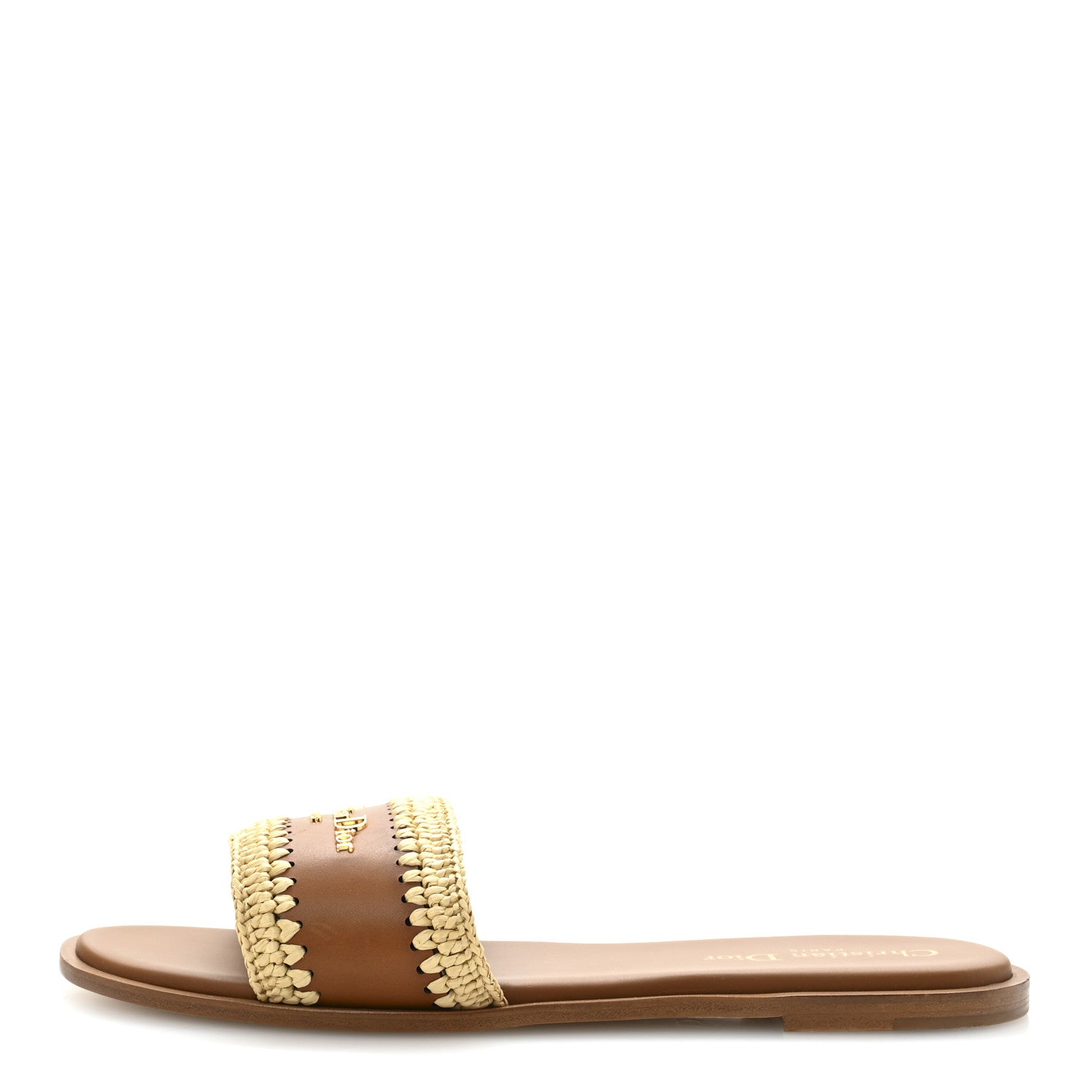 Christian Dior Calfskin Raffia Dioriviera D-Lane Flat Slide Sandals 38 Camel 1 of 9