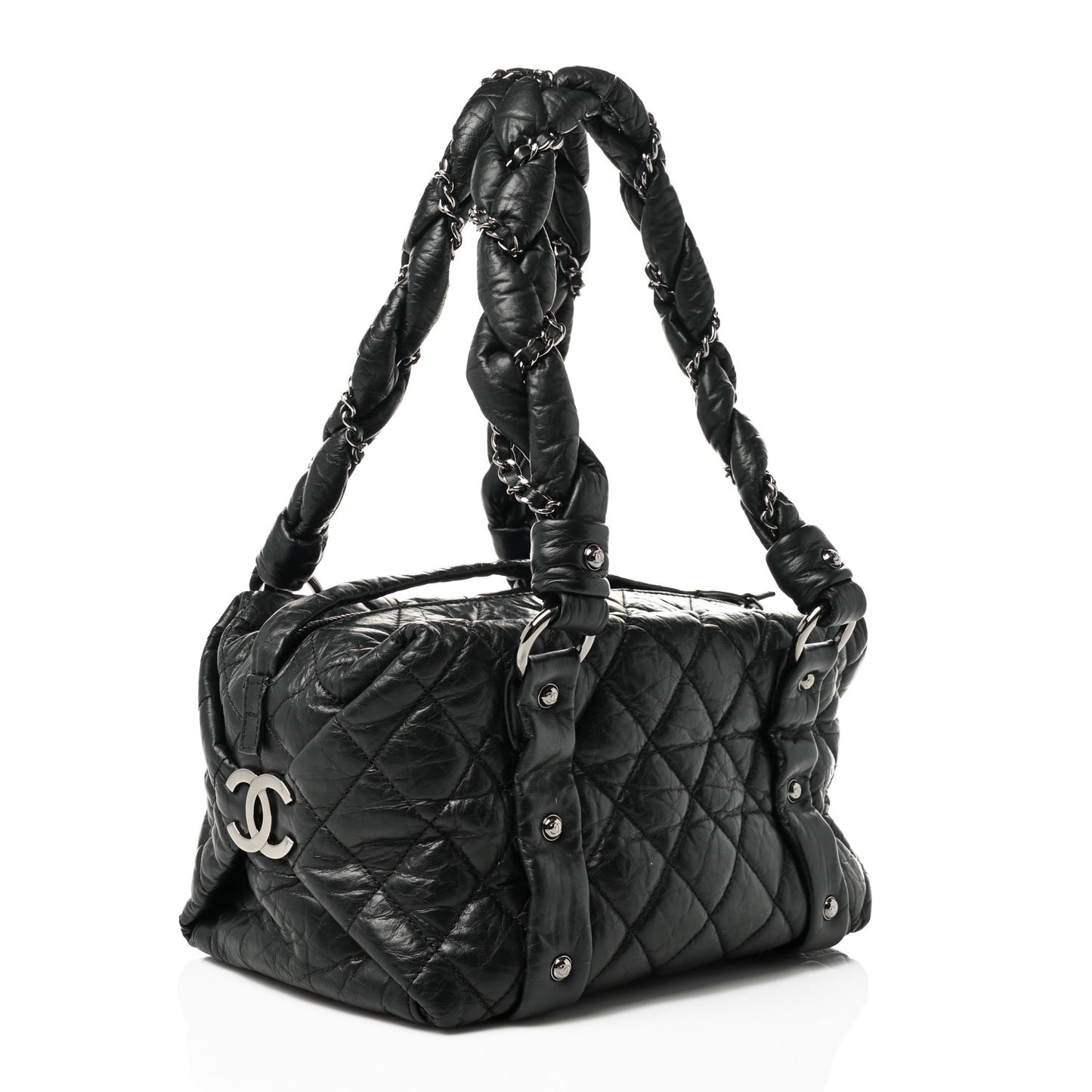 Distressed Lambskin Small Lady Braid Tote Black